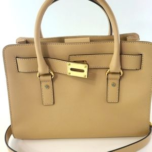 Michael Kors Saffiano Hamilton EW Leather Tote Satchel Shoulder Bag Nude Gold